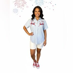 Quizz Petite Embroidered Americana Button Shirt PM Cotton Patriotic Vintage